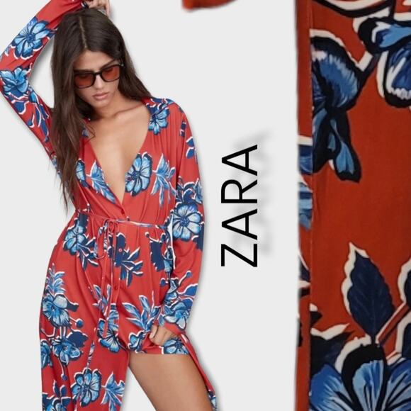 ZARA Midi Button Front Long Sleeve Shirt Dress in Floral Print - Picture 1 of 8
